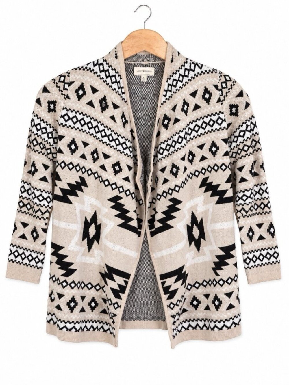 Lucky Brand Womens M Southwestern Geometric Open Front Cardigan Beige Black